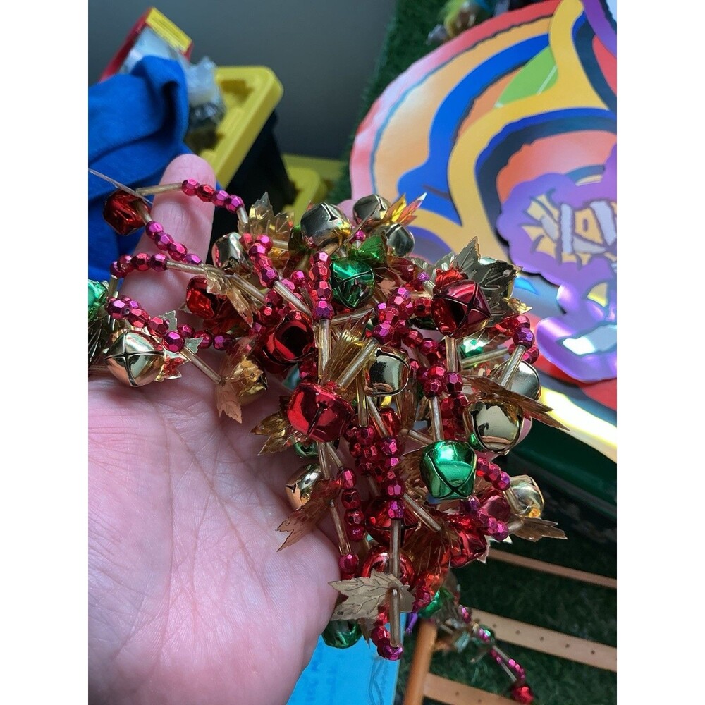 Christmas Jingle Bell Garland Red Beads Gold Leaves Green Bells 8 Ft 8 In